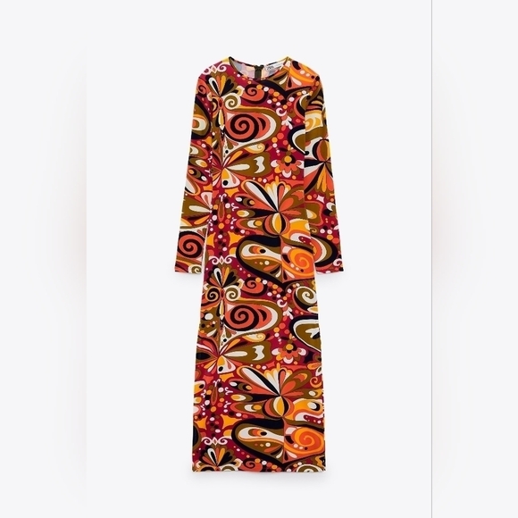 Zara Goovy Multicolored Mod 1970s Style Slit Sides Maxi Dress Long Sleeve Size S - Picture 3 of 16